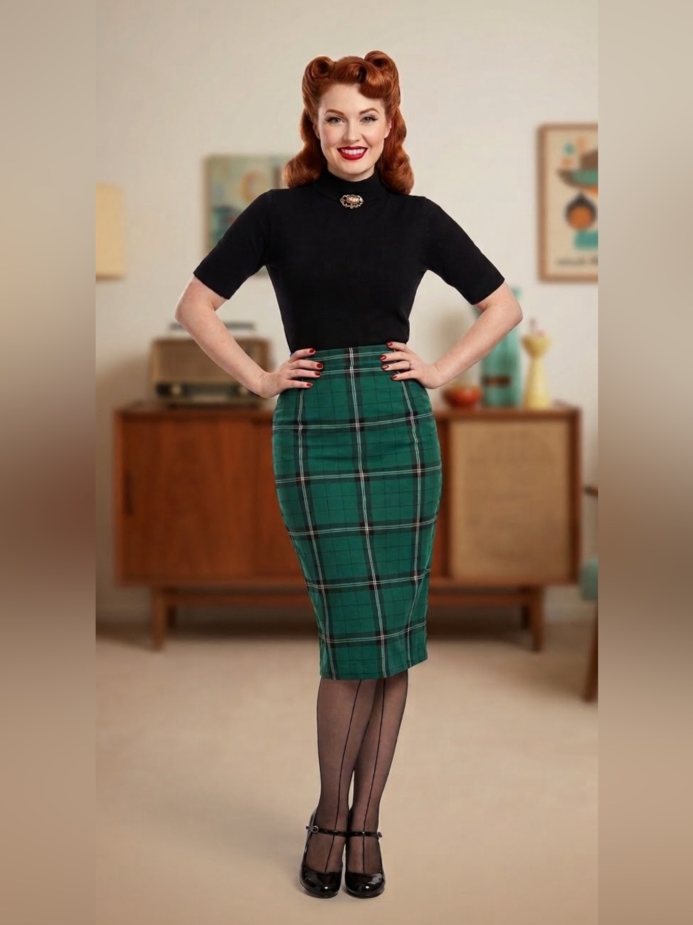 Collectif Classic Green Plaid Pencil Skirt - Tailored Vintage Style, Large, EUC